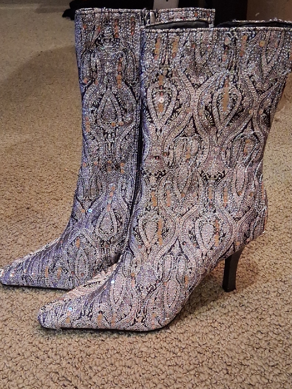 Women's Silver Sequined Pointed-Toe Ankle Boots